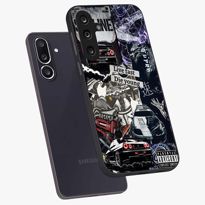 Die Young Glass Case displayed in angled mockup highlighting expressive graphic artwork with edgy aesthetic style.