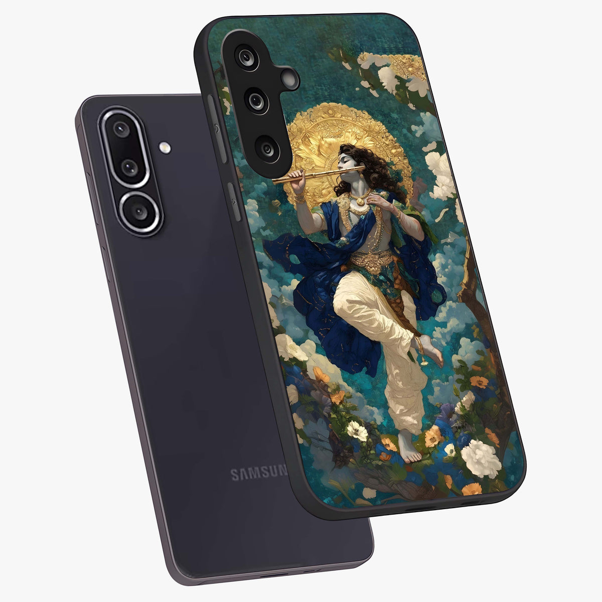 Divine Krishna Art Glass Case displayed in angled mockup highlighting spiritual Krishna illustration with devotional aesthetic.