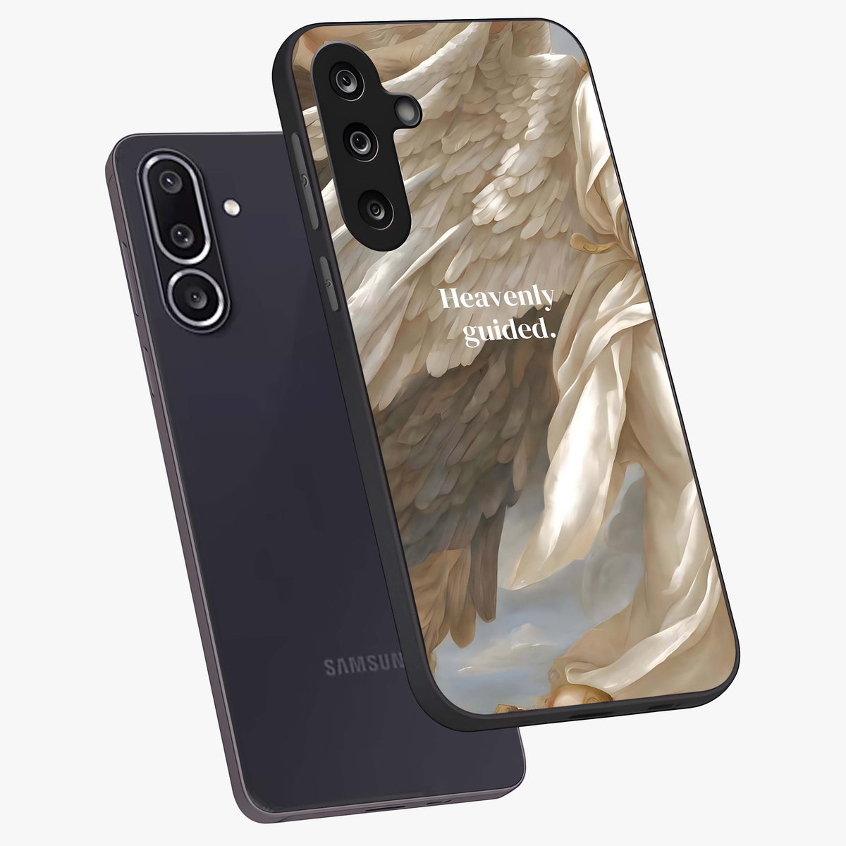 Divine Winged Grace Glass Case displayed in angled mockup highlighting graceful wing design with divine aesthetic style.
