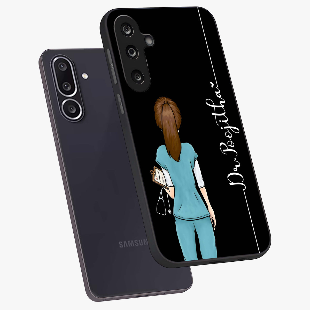 Doctor Pattern Custom Name Glass Case displayed in angled mockup highlighting doctor inspired artwork with custom name feature.