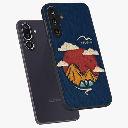 Dream Beyond Mountains Glass Case displayed in angled mockup highlighting dreamy mountain illustration with peaceful aesthetic.