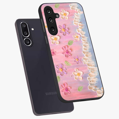 Dreamy Painted Garden Glass Case displayed in angled mockup highlighting colorful garden illustration with dreamy aesthetic style.