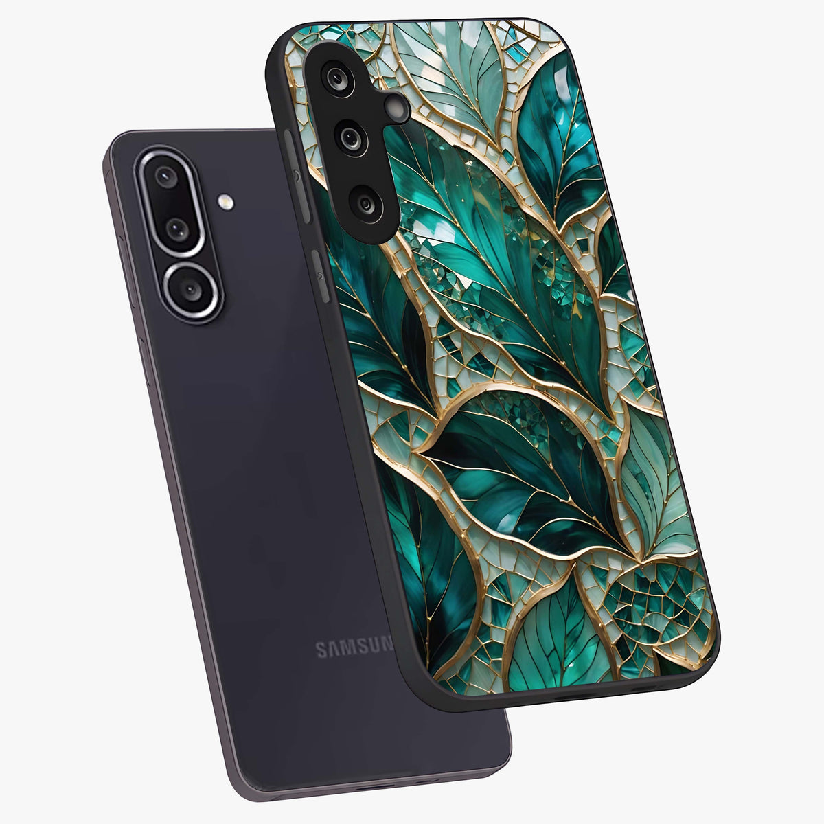 Emerald Leaf Glass Glass Case displayed in angled mockup highlighting botanical leaf illustration with elegant natural aesthetic.