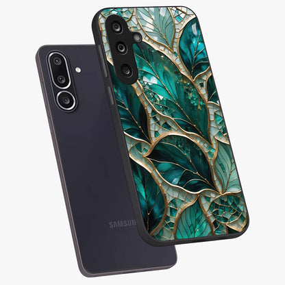Emerald Leaf Glass Glass Case displayed in angled mockup highlighting botanical leaf illustration with elegant natural aesthetic.