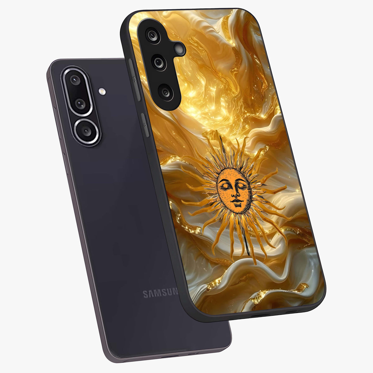 Eternal Golden Glow Glass Case displayed in angled mockup highlighting glowing golden aesthetic design with elegant style.