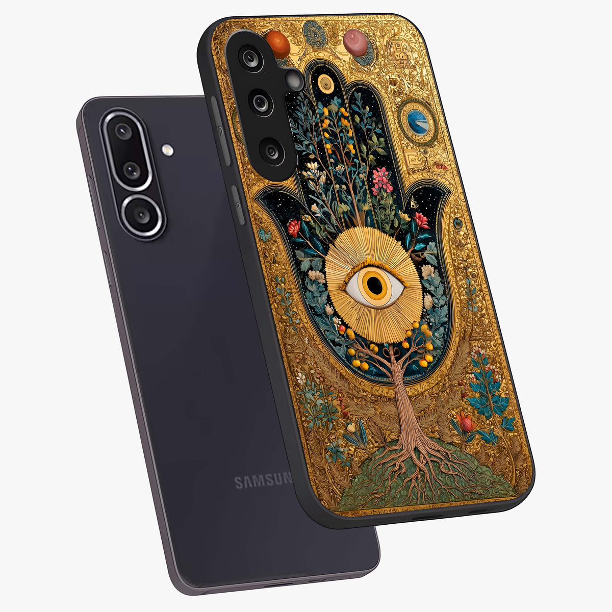 Ethereal Evil Eye Glass Case displayed in angled mockup highlighting protective evil eye symbol with spiritual aesthetic design.