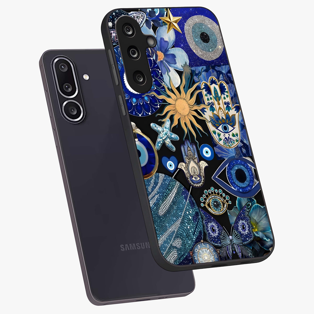 Evil Eye Charm Mix Glass Case displayed in angled mockup highlighting protective evil eye symbols with spiritual aesthetic design.