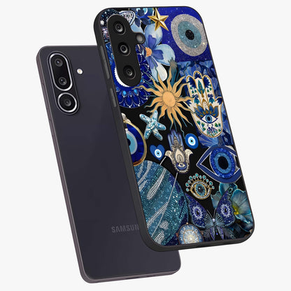 Evil Eye Charm Mix Glass Case displayed in angled mockup highlighting protective evil eye symbols with spiritual aesthetic design.