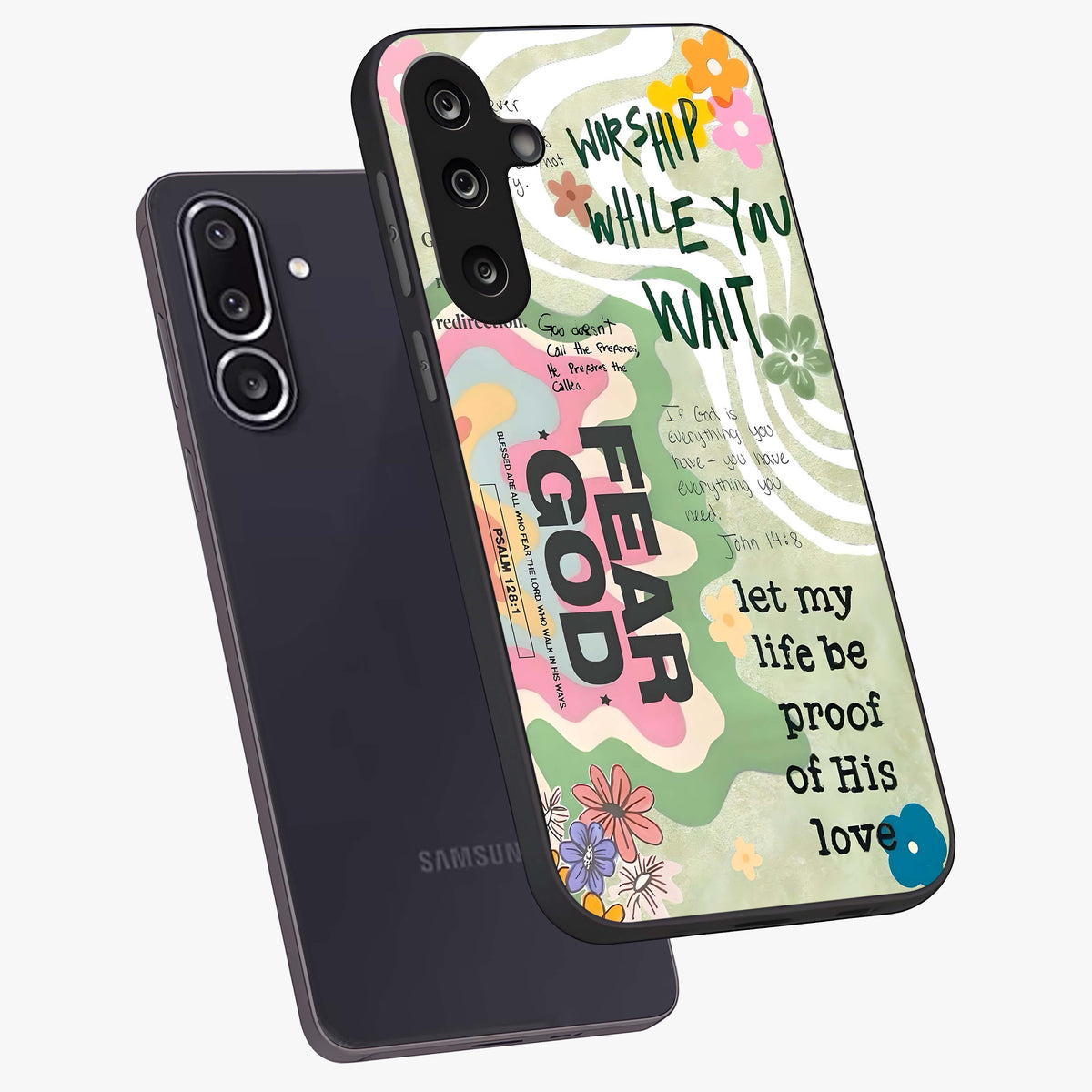 Faith Over Fear Glass Case displayed in angled mockup highlighting inspirational message design with modern aesthetic style.