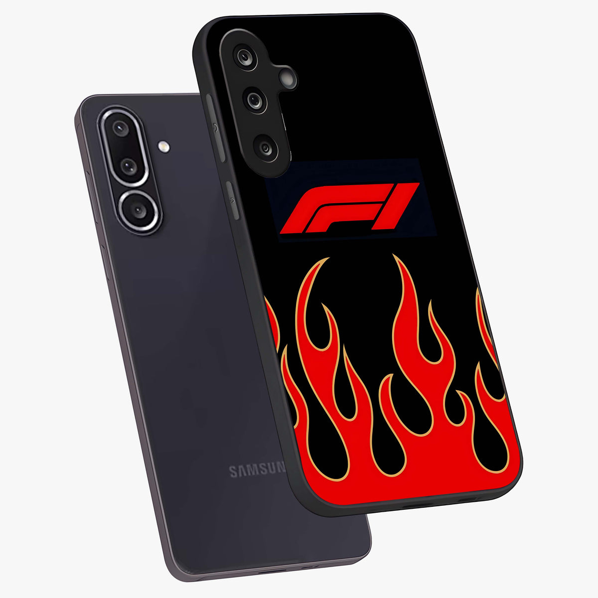 Fire F11 Glass Case displayed in angled mockup highlighting bold fire inspired graphic with energetic aesthetic style.