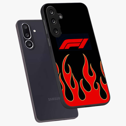Fire F11 Glass Case displayed in angled mockup highlighting bold fire inspired graphic with energetic aesthetic style.