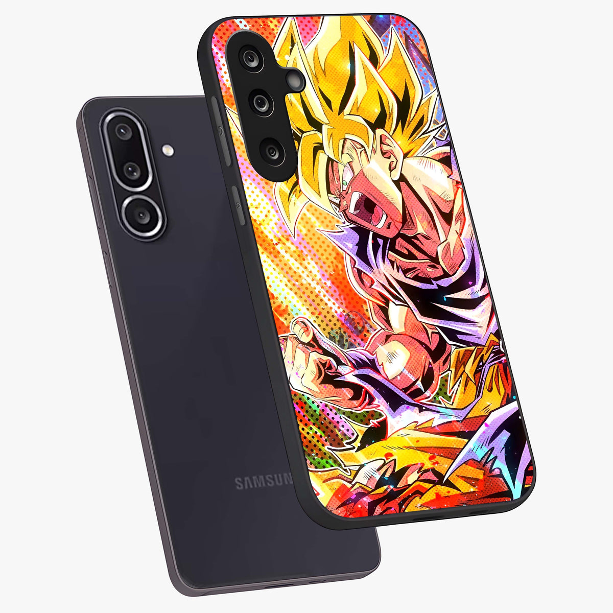 Firing Goku Glass Case displayed in angled mockup highlighting dynamic anime character design with action aesthetic.