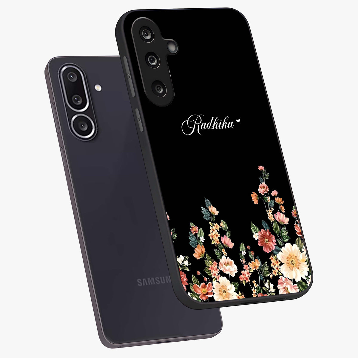 Floral Design With a Custom Personalized Name Glass Case displayed in angled mockup highlighting elegant floral pattern with custom name feature.
