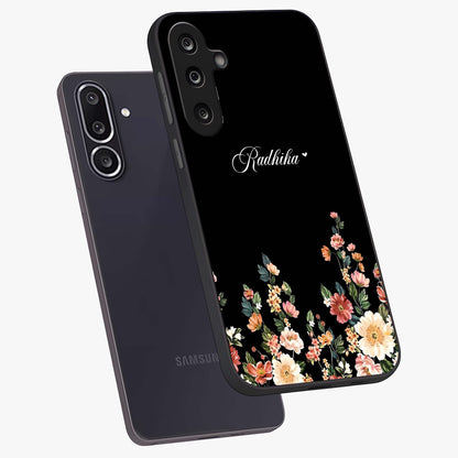 Floral Design With a Custom Personalized Name Glass Case displayed in angled mockup highlighting elegant floral pattern with custom name feature.