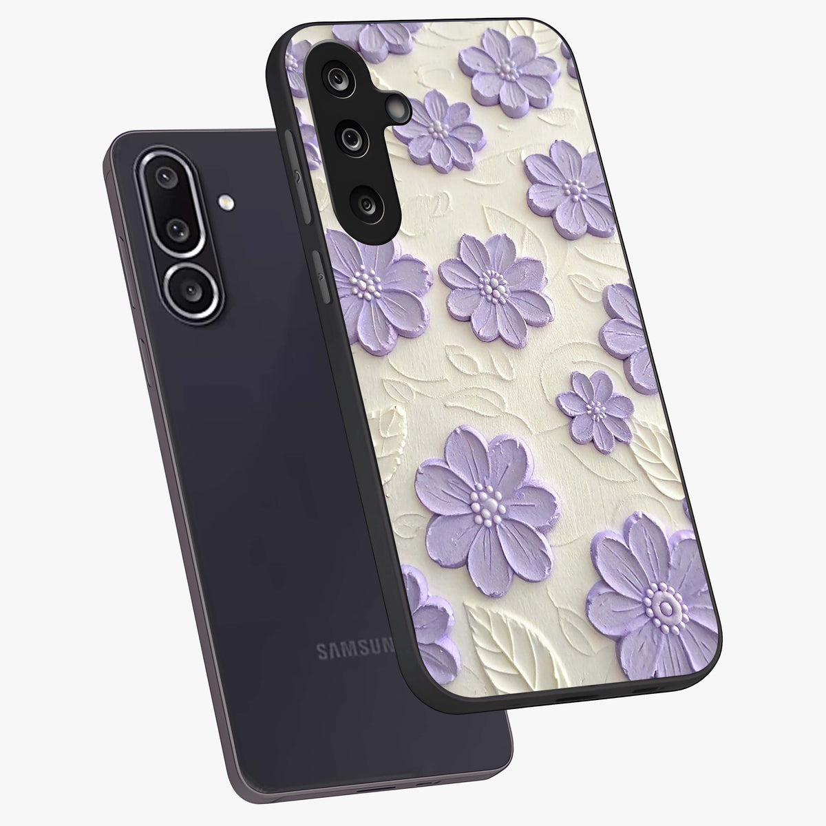 Floral Wall Art With Purple Flowers Glass Case displayed in angled mockup highlighting vibrant purple floral illustration with artistic aesthetic.