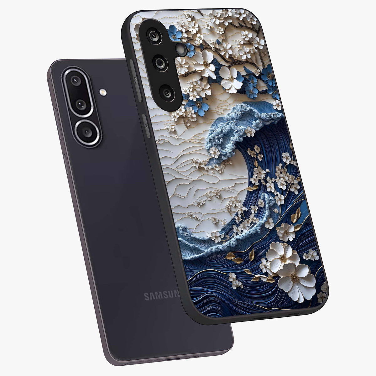 Floral Wave Origami Glass Case displayed in angled mockup highlighting geometric origami flower design with modern aesthetic style.