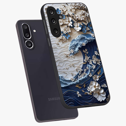 Floral Wave Origami Glass Case displayed in angled mockup highlighting geometric origami flower design with modern aesthetic style.