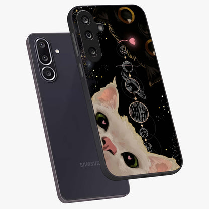 Galactic Cat Glass Case displayed in angled mockup highlighting celestial feline illustration with galaxy aesthetic style.