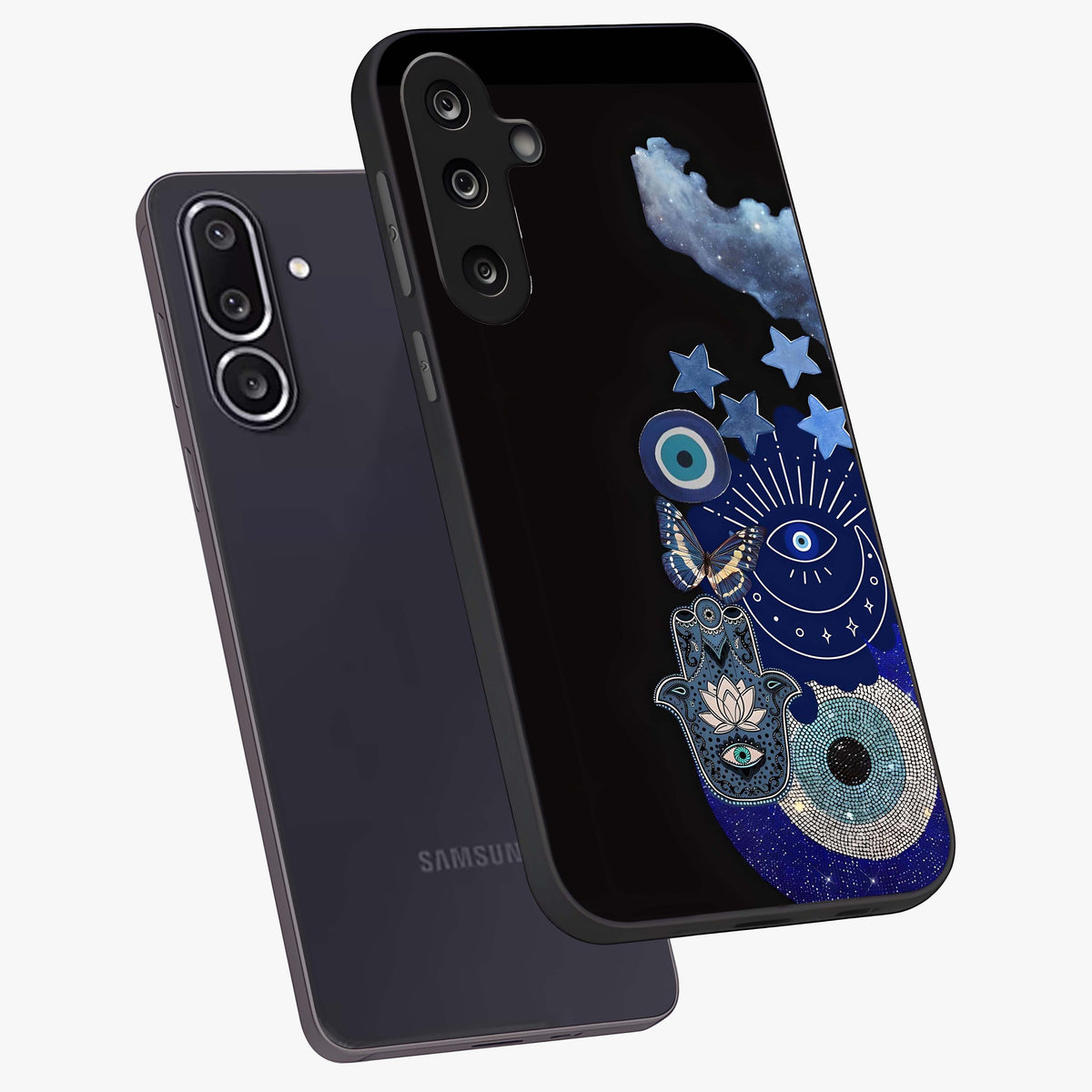 Galactic Charm Cluster Glass Case displayed in angled mockup highlighting luminous galaxy inspired design with dreamy aesthetic.
