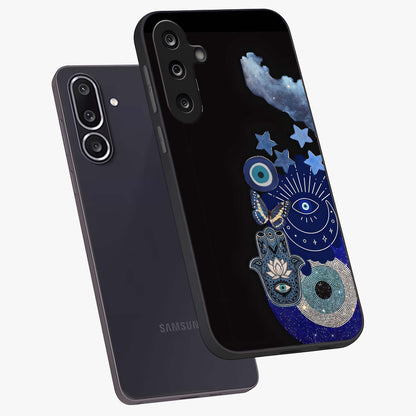 Galactic Charm Cluster Glass Case displayed in angled mockup highlighting luminous galaxy inspired design with dreamy aesthetic.