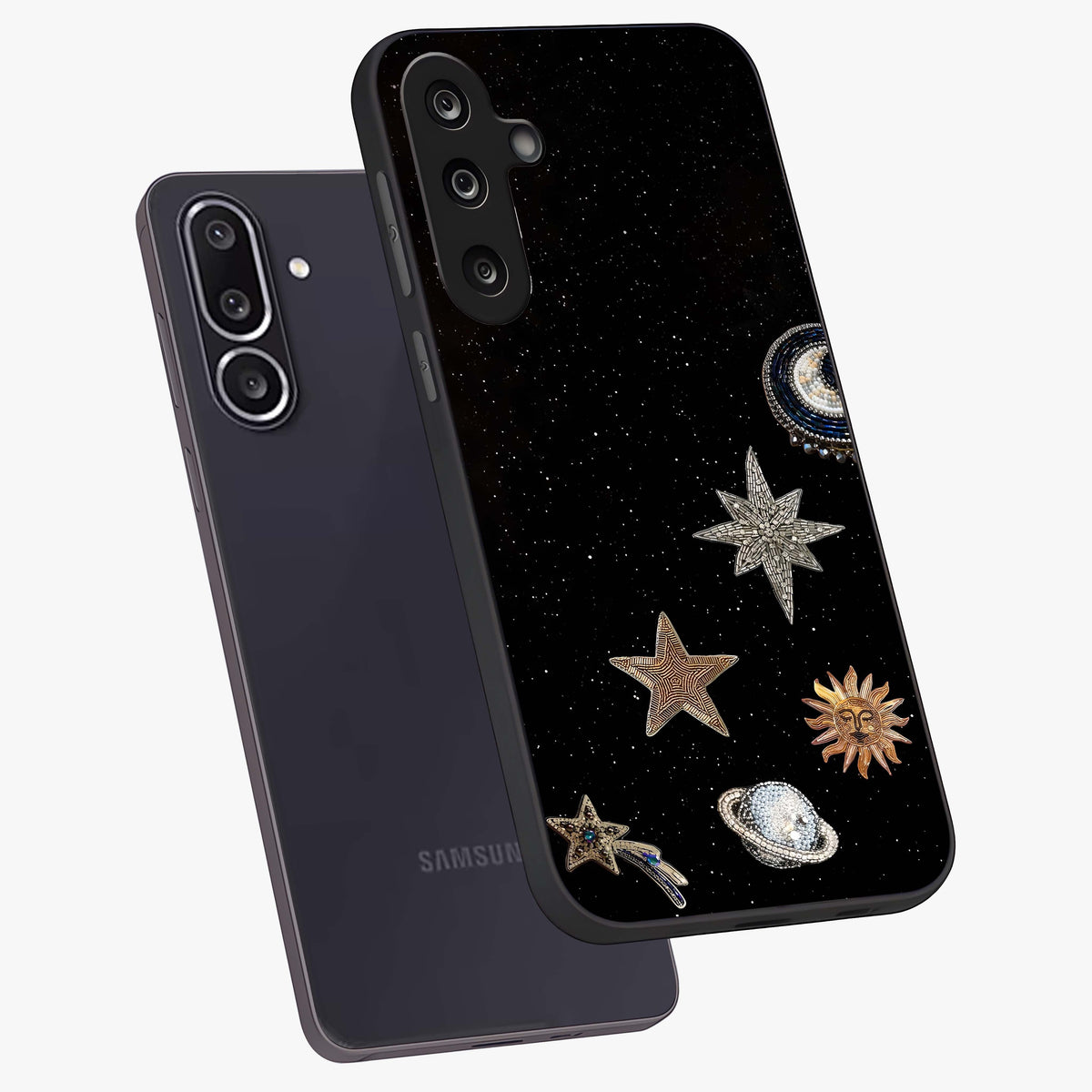 Galactic Charm Glow Glass Case displayed in angled mockup highlighting luminous galaxy inspired design with dreamy aesthetic.