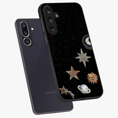 Galactic Charm Glow Glass Case displayed in angled mockup highlighting luminous galaxy inspired design with dreamy aesthetic.