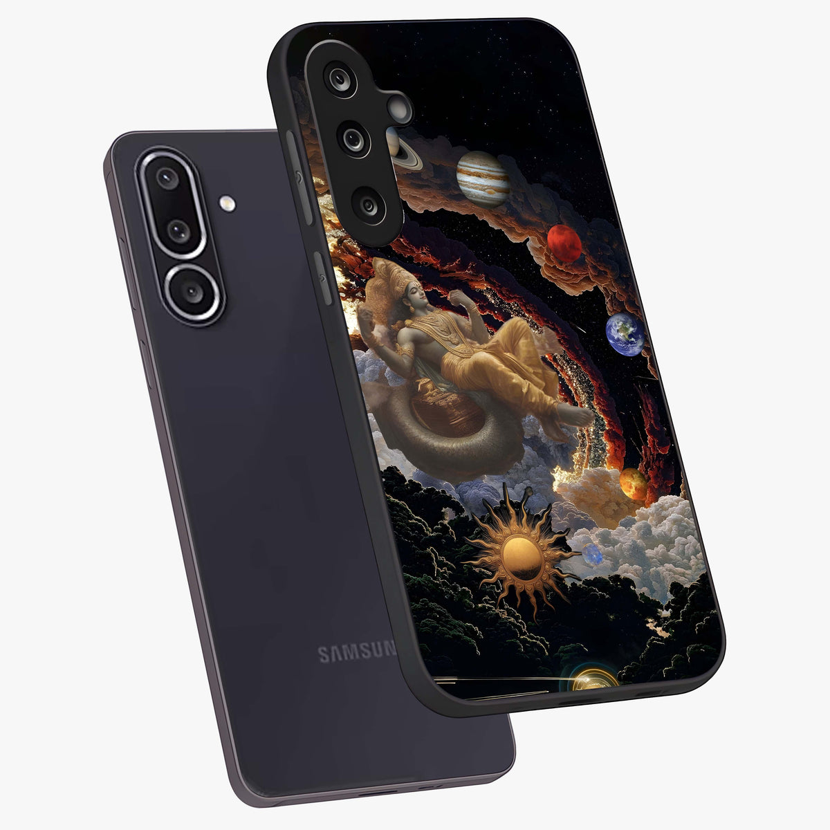 Galactic Divine God Glass Case displayed in angled mockup highlighting powerful celestial deity illustration with galactic aesthetic.