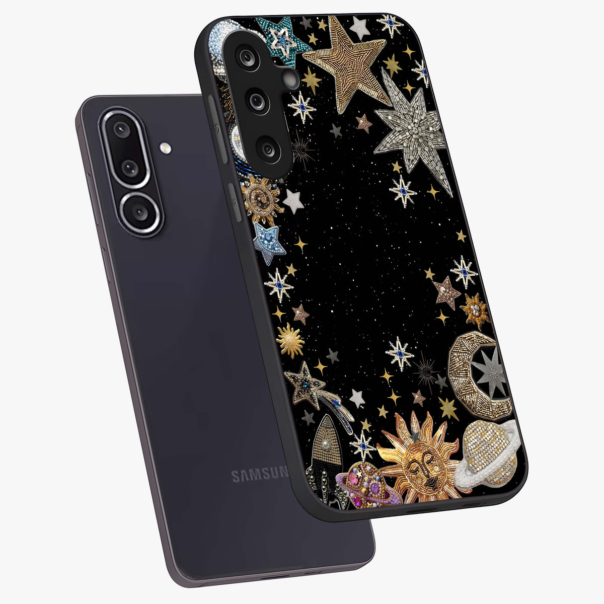 Galactic Jewel Stars Glass Case displayed in angled mockup highlighting shining celestial star design with cosmic aesthetic style.