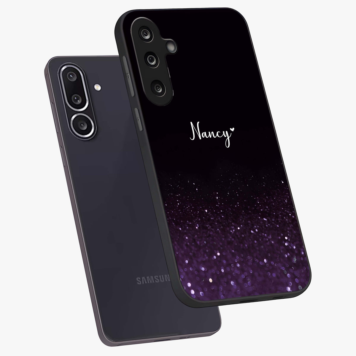 Glittery Purple Bokeh Custom Name Glass Case displayed in angled mockup highlighting glitter bokeh pattern with custom name feature.