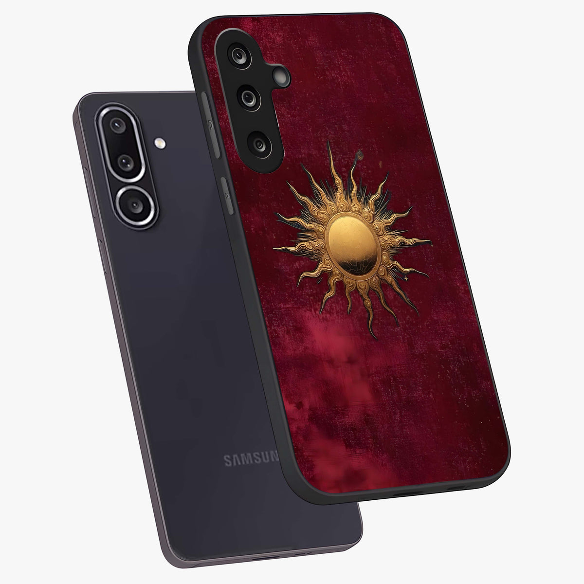 Golden Sun Minimalism Glass Case displayed in angled mockup highlighting clean sun symbol design with modern minimal aesthetic.