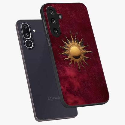 Golden Sun Minimalism Glass Case displayed in angled mockup highlighting clean sun symbol design with modern minimal aesthetic.