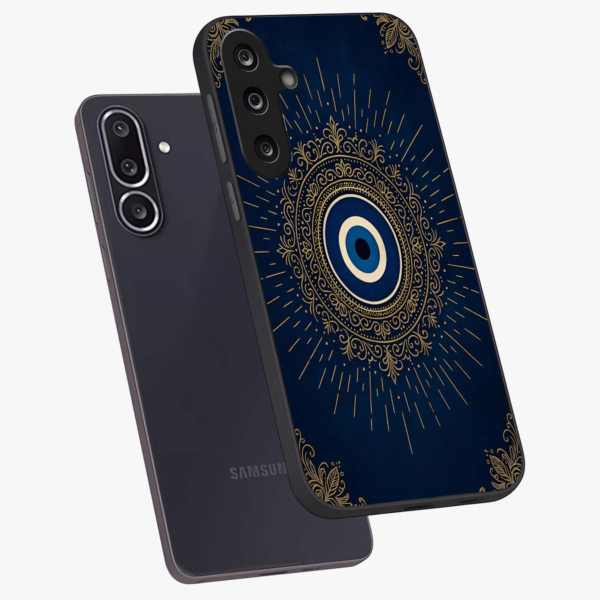Golden Celestial Charm Glass Case displayed in angled mockup highlighting sparkling cosmic charm design with celestial aesthetic.