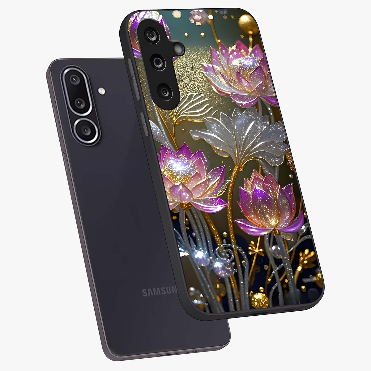 Golden Floral Majesty Glass Case displayed in angled mockup highlighting elegant flower design with royal golden aesthetic.