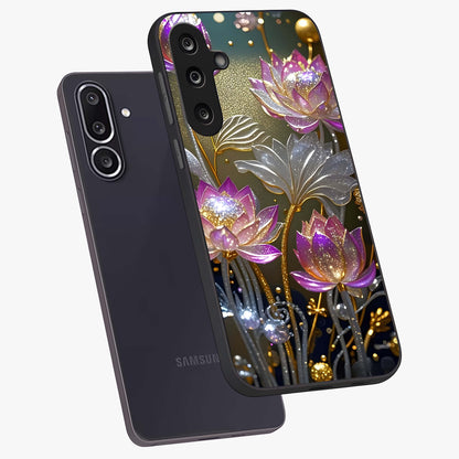 Golden Floral Majesty Glass Case displayed in angled mockup highlighting elegant flower design with royal golden aesthetic.