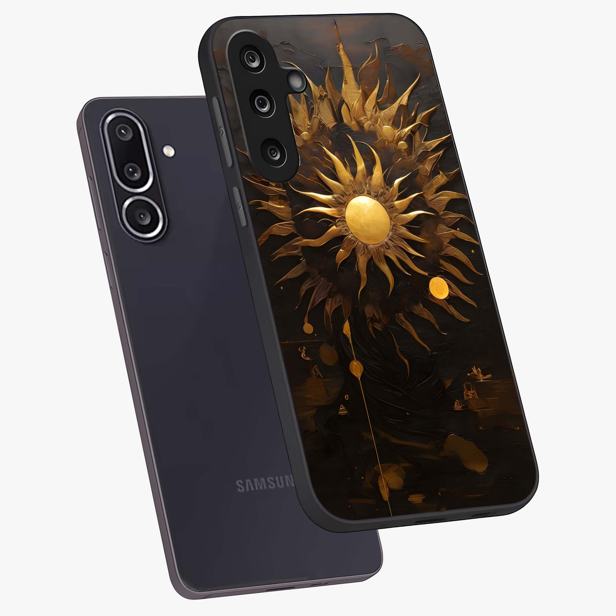 Golden Sun Majesty Glass Case displayed in angled mockup highlighting eerie shadow illustration with gothic aesthetic.