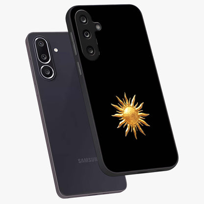 Golden Sun Minimalism Glass Case displayed in angled mockup highlighting eerie shadow illustration with gothic aesthetic.