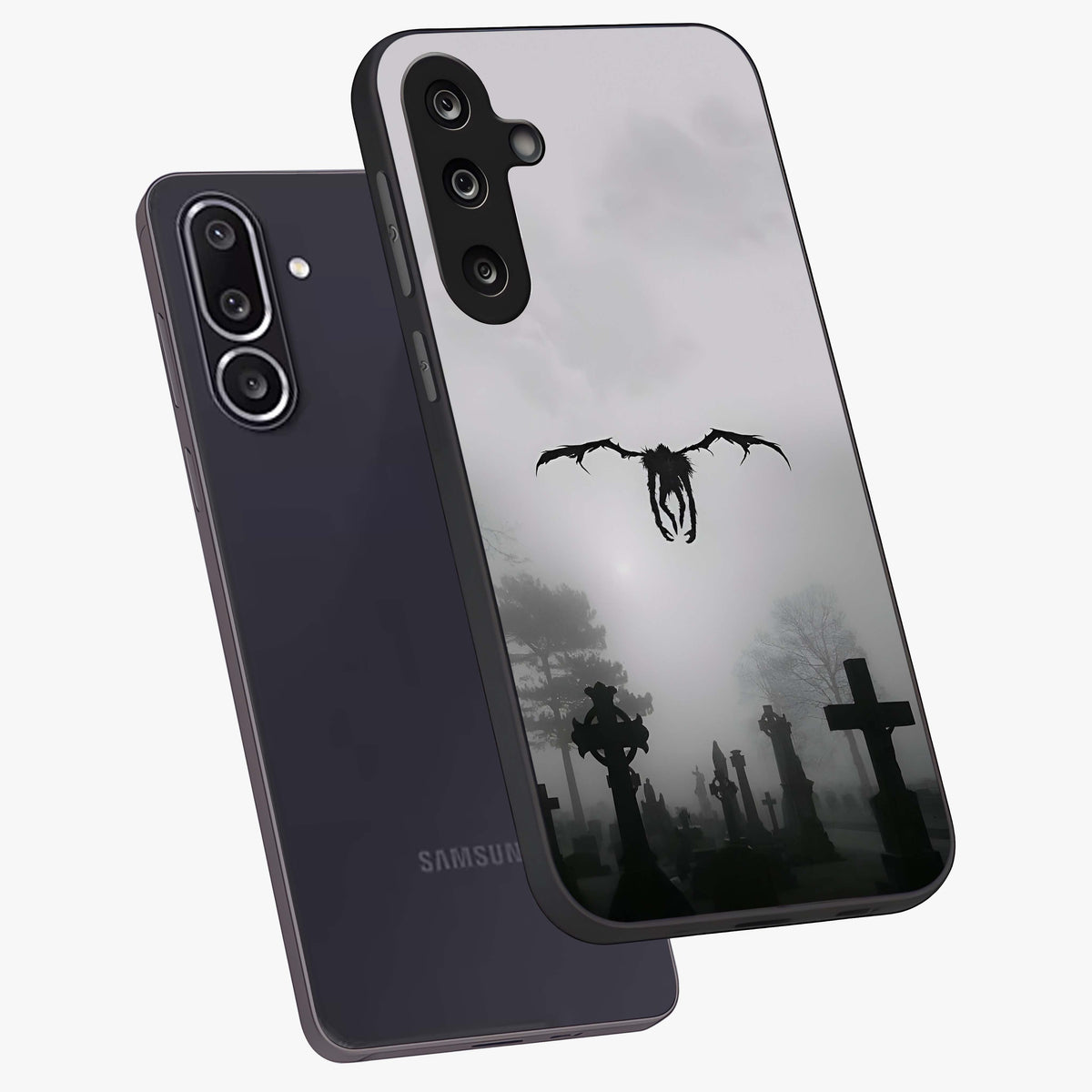Graveyard Shadow Descent Glass Case displayed in angled mockup highlighting eerie shadow illustration with gothic aesthetic.