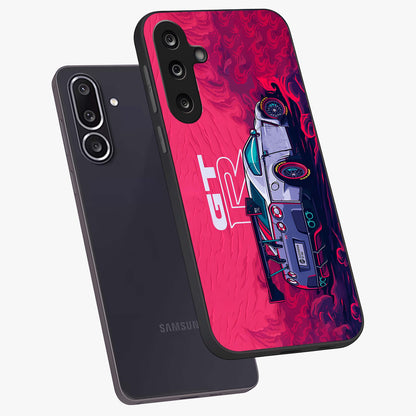 GT-R Car Pattern Glass Case displayed in angled mockup highlighting racing car graphic design with bold automotive aesthetic.
