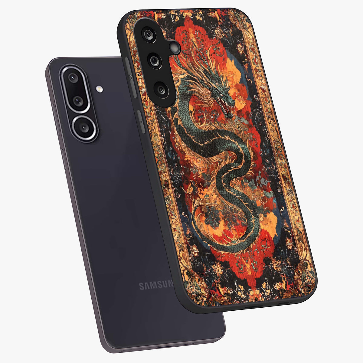 Inferno Dragon Soul Glass Case displayed in angled mockup highlighting powerful dragon illustration with inferno aesthetic.
