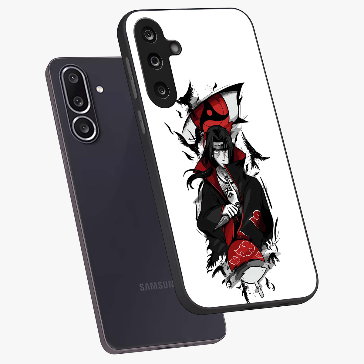 Itachi Limited Edition Naruto Anime Glass Case displayed in angled mockup highlighting dramatic anime illustration with bold action aesthetic.