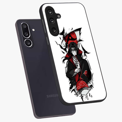 Itachi Limited Edition Naruto Anime Glass Case displayed in angled mockup highlighting dramatic anime illustration with bold action aesthetic.