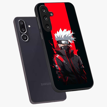Kakashi Scarlet Shadow Glass Case displayed in angled mockup highlighting dramatic ninja illustration with scarlet themed aesthetic.
