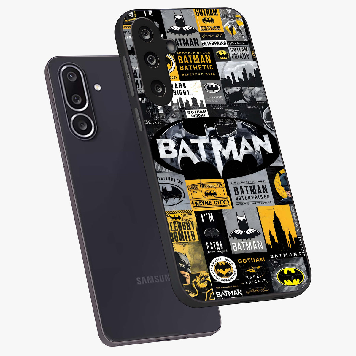 Knight Gotham Rise Glass Case displayed in angled mockup highlighting powerful knight silhouette design with dramatic aesthetic.