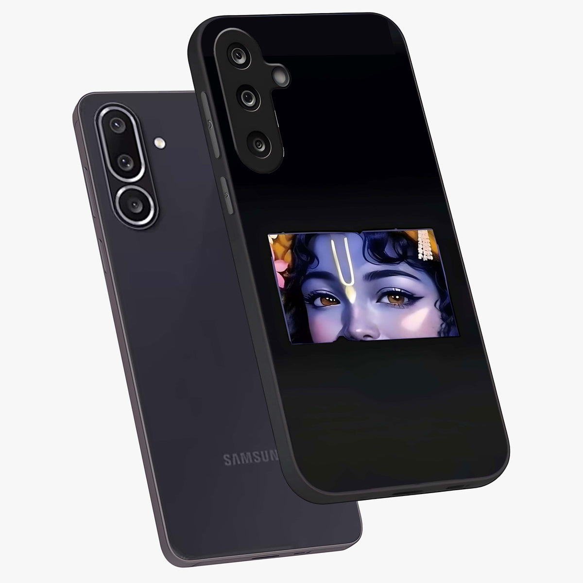 Krishna Divine Embrace Glass Case displayed in angled mockup highlighting divine Krishna illustration with spiritual aesthetic.