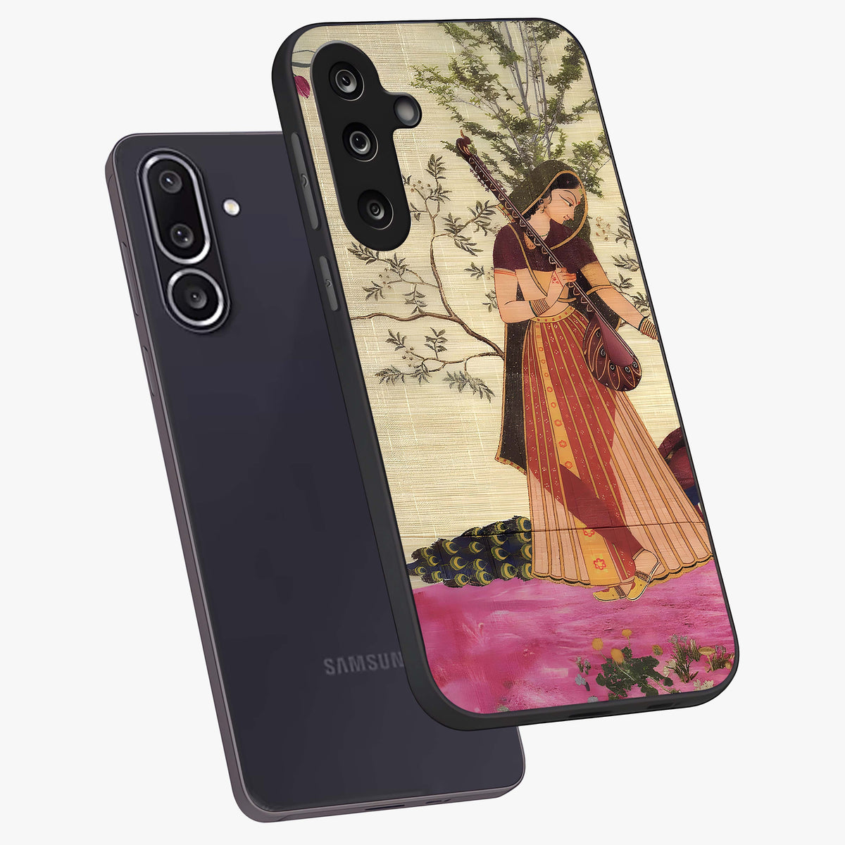 Lady With Veena Art Glass Case displayed in angled mockup highlighting graceful musical illustration with cultural artistic aesthetic.