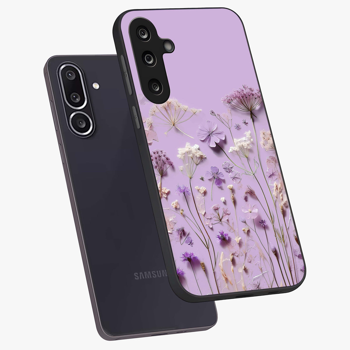 Lavender Blossom Dream Glass Case displayed in angled mockup highlighting dreamy lavender flower design with calming aesthetic style.