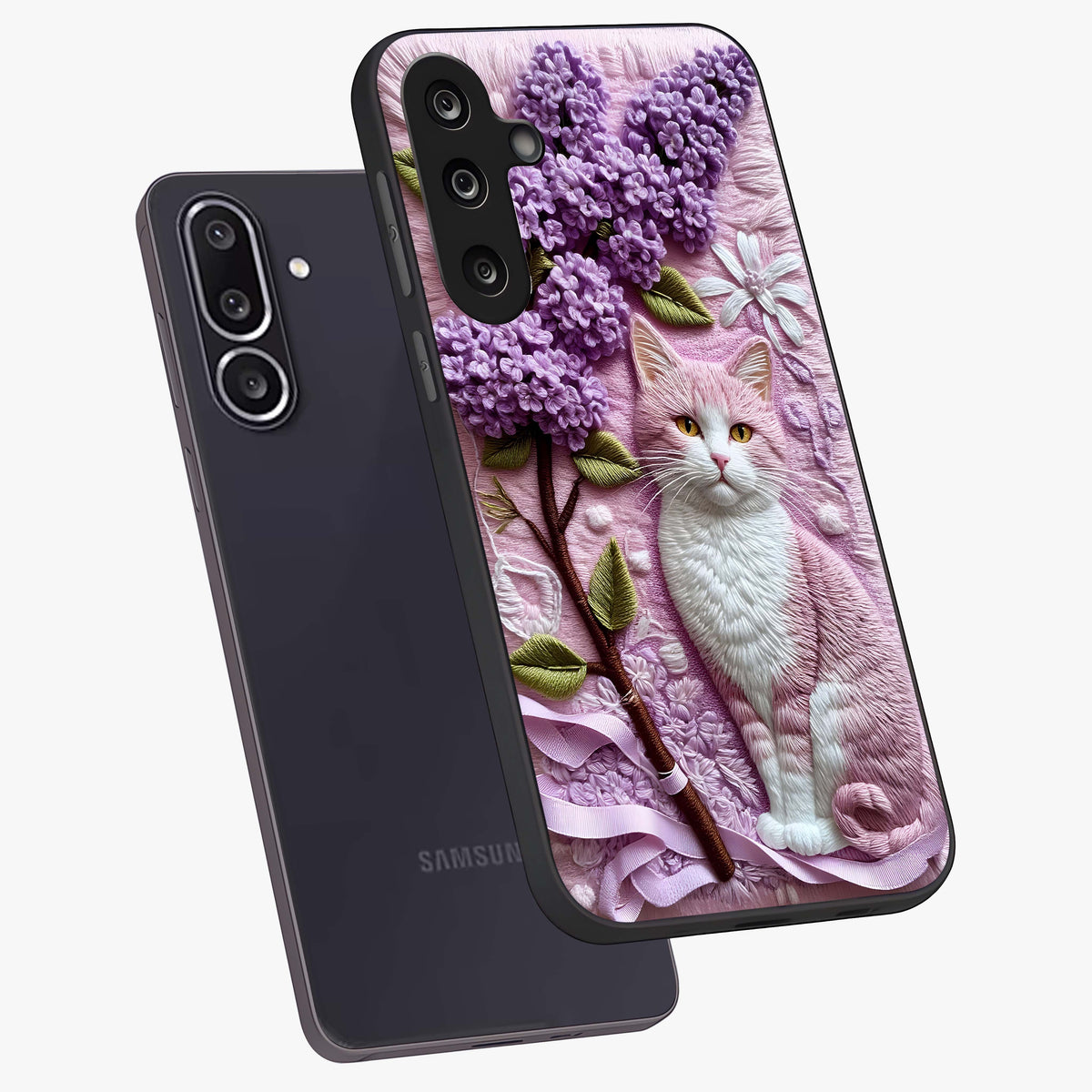 Lavender Cat Whimsy Glass Case displayed in angled mockup highlighting playful feline illustration with pastel lavender aesthetic.
