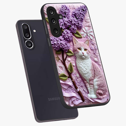 Lavender Cat Whimsy Glass Case displayed in angled mockup highlighting playful feline illustration with pastel lavender aesthetic.