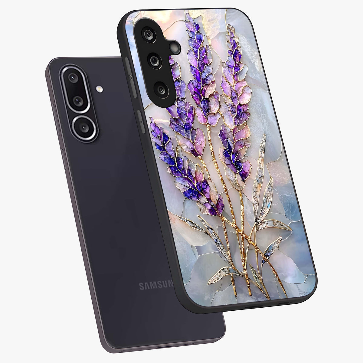 Lavender Dream Glow Glass Case displayed in angled mockup highlighting dreamy purple glow design with soft artistic style.