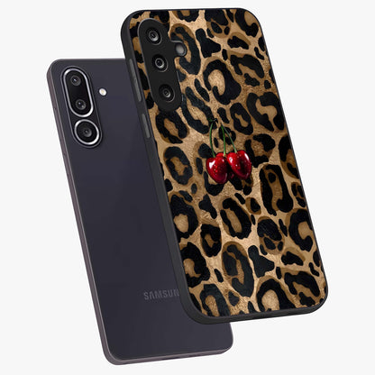 Leopard Wild Cherry Glass Case displayed in angled mockup highlighting bold animal print design with playful cherry aesthetic.